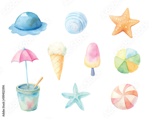Watercolor Beach Clipart Set, Cute Summer Vacation Icons Collection, Isolated Vector Design