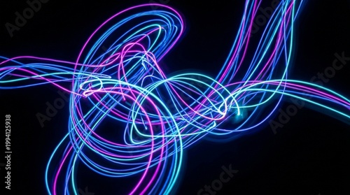 Abstract glowing light trails background, futuristic eon energy flow, dynamic vbrant lines on black backdop