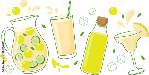 Fresh Detox Drink Icon Set with Infused Water, Smoothie Glass, Herbal Oil Bottle, and Cocktail with Citrus and Cucumber for Healthy Lifestyle Design