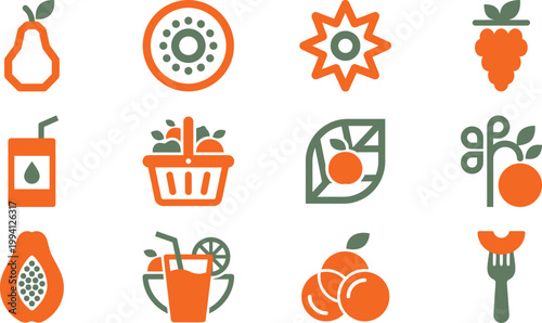 Orange and Papaya Fruit Icon Set with Juice, Citrus Slice, Basket, Tropical Elements, and Healthy Organic Food Symbols for Fresh Nutrition Design