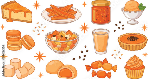 Orange Dessert and Sweet Food Icon Set with Cake, Macarons, Jam Jar, Candy, Cupcake, Ice Cream, and Fruit Treats for Bakery Design