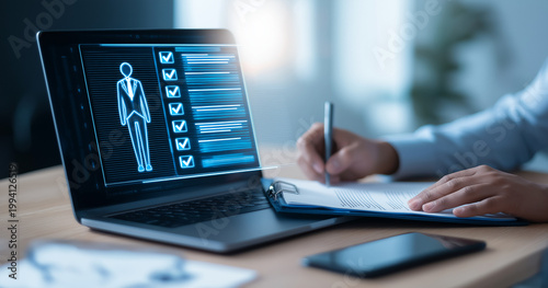 Recruiter preparing interview checklist on holographic candidate evaluation screen