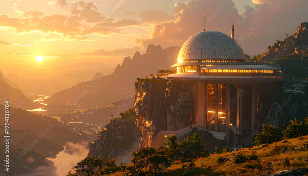 Obraz premium Modern building on mountain at sunset