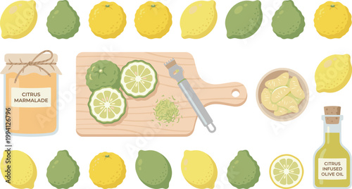 Citrus Lemon Vector Set with Marmalade Jar Cutting Board Zester Olive Oil and Fresh Lemon Varieties for Organic Food Illustration Design