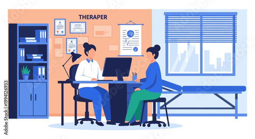 Illustration of a therapist and patient in a consultation room with a computer and city view