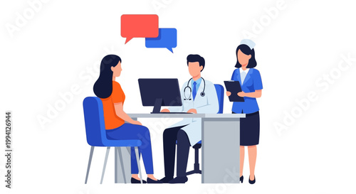 Flat illustration of a doctor consulting a patient with a nurse in a modern clinic