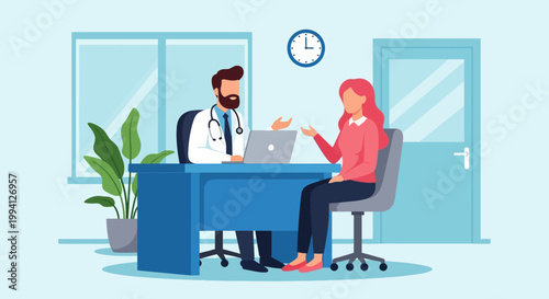 Doctor and patient discussing health on laptop in modern clinic office