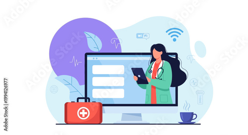 Illustration of a woman holding a tablet next to a large computer monitor with a first aid kit nearby.