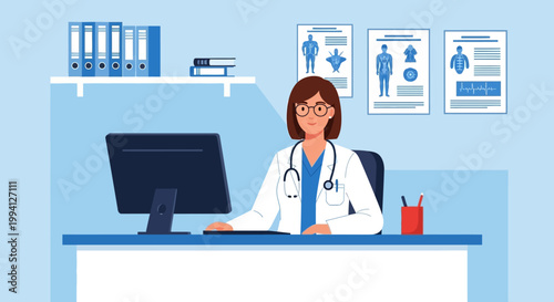 Female doctor sitting at a desk with a computer in a medical office