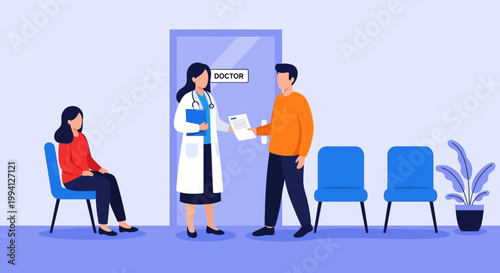 Illustration of a doctor consulting a patient in a waiting room with blue chairs and a plant.
