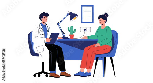 Doctor and patient sitting at a blue desk in a consultation room