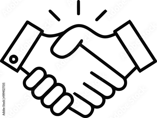 The image is a simple black-and-white line drawing of a handshake between two people