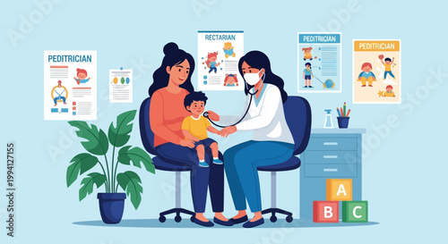 Illustration of a female doctor consulting a mother and child in a pediatric office with educational posters