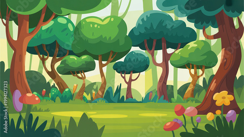 A vibrant cartoon forest scene with lush green trees and colorful flowers in a serene natural setting.
