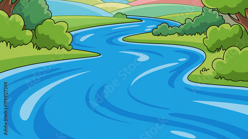 A serene cartoon landscape featuring a winding blue river flowing through a lush green valley with trees and hills.