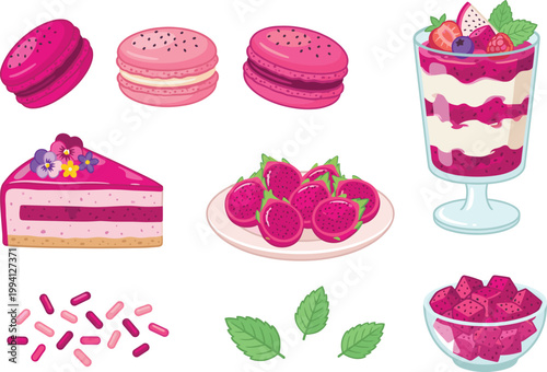 Dragon Fruit Dessert Vector Set with Macarons Cake Parfait Fresh Pitaya and Sweet Toppings in Colorful Tropical Food Illustration Design