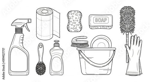 Collection of cleaning supplies and tools for household chores.