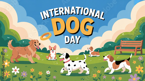 A colorful illustration of dogs playing in a park on International Dog Day