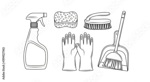 Cleaning supplies illustration with spray bottle brush gloves and dustpan.