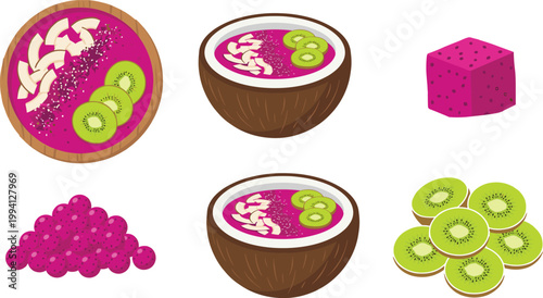 Dragon Fruit Smoothie Bowl Vector Set with Kiwi Slices Coconut Toppings and Fresh Pitaya Cubes for Healthy Tropical Food Illustration Design