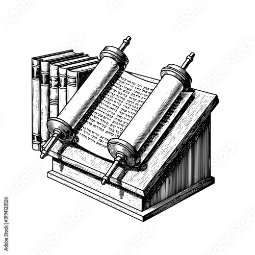 Vector illustration of Torah scrolls on a stand with Hebrew text