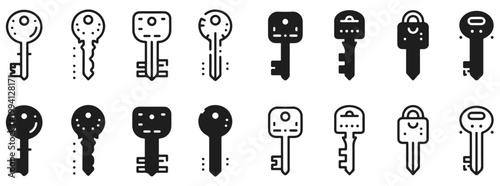 Key Icon Set: Vintage, Car, House, Skeleton, Lock, Password, Key West – Editable Line Vector