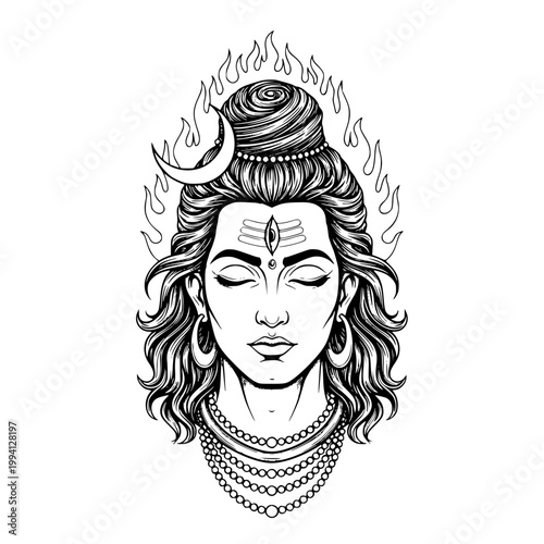 Shiva vector illustration, Hindu god, black and white line art