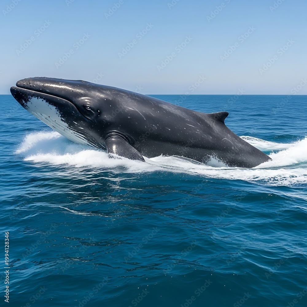 Naklejka premium Large whale breaches ocean surface under clear blue sky splashing water
