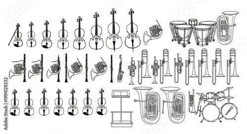 Collection of Orchestral Musical Instruments Arranged Artistically.