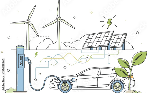 Electric vehicle charging at a station powered by wind turbines and solar panels for sustainable and clean eco friendly transportation