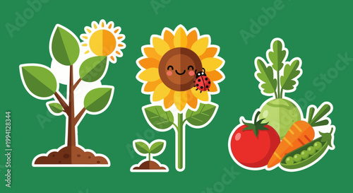 Colorful Garden Stickers Featuring Sunflowers, Vegetables, and Plants.