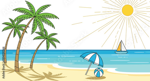 Brightly colored flat design illustration portraying a serene tropical beach vacation scene featuring palm trees, a beach umbrella, and a sailboat.