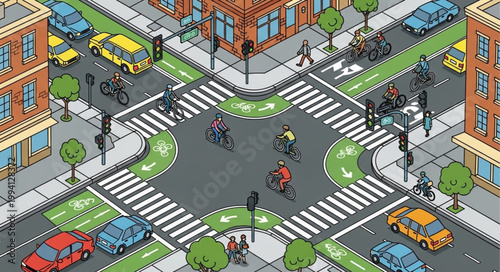 Urban intersection with bicycle lanes and pedestrian crossings.