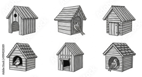 Collection of six charming hand drawn dog houses in various styles.