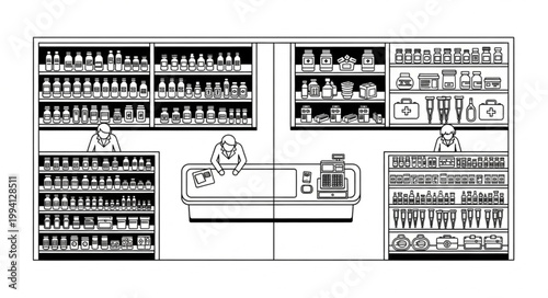 Illustration of a grocery store aisle with shelves full of products.