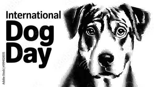 A black and white illustration of a dog celebrating International Dog Day