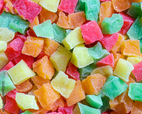 Cubes of multi-colored candied fruit fruits. Natural candied fruit close-up.