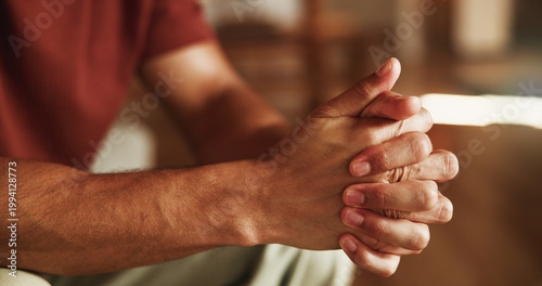 Bild auf Leinwand Nervous, hands and man with depression, stress and mental health and overthinking with doubt in home
