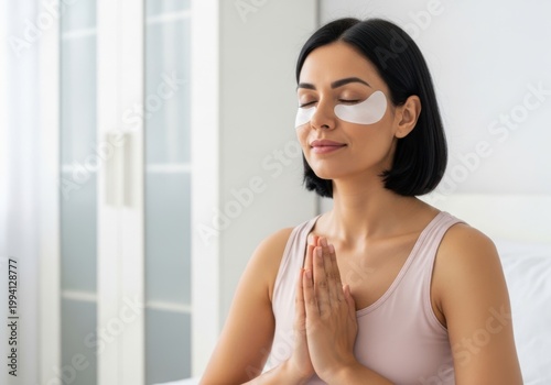 Young woman in meditation with cucumber eye mask for self-care and relaxation Free Download Young woman in meditation with cucumber eye mask for self-care and relaxation - GFXLoad
