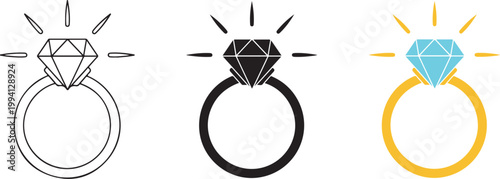 Wedding ring icon. Jewelry logo. Engagement diamond ring icon. Proposal symbol. Brilliant gold jewellery vector illustration isolated.