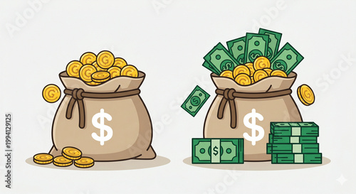 Ilustrasi Kantong Uang dan Uang Kertas Flat