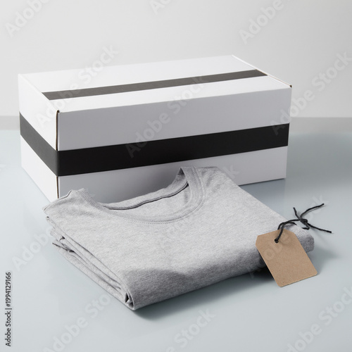 A neatly folded gray t-shirt with a tag lies in front of a white gift box on a light surface.