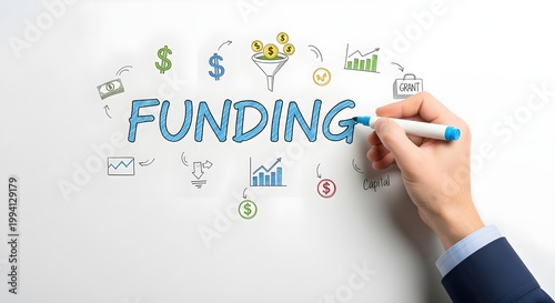 Business funding concept with hand drawing on whiteboard with blue marker and financial symbols