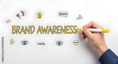 Hand holding marker writing brand awareness concept on whiteboard with icons and text