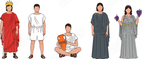 Ancient Greek and Roman Characters Illustration Set with Traditional Clothing, Historical Figures, and Classical Costumes for History Education, Culture Design, and Heritage Graphics