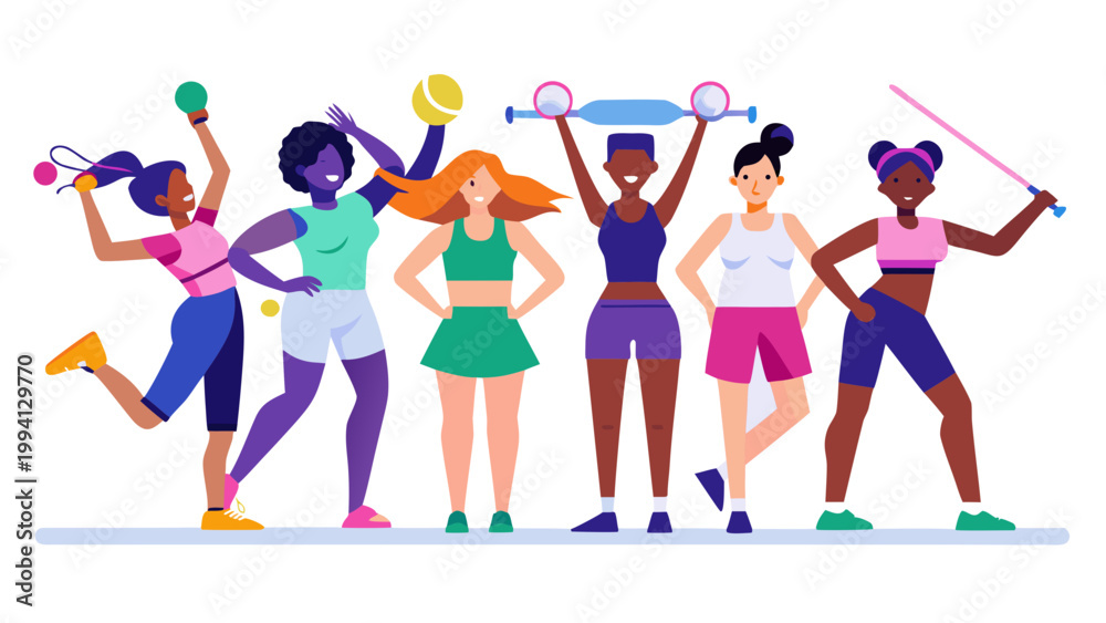 Fototapeta premium Six diverse women in athletic outfits with various sports items