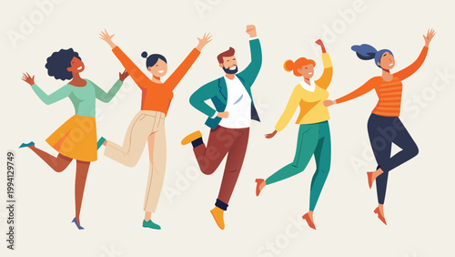Group of five diverse people in joyful celebratory poses