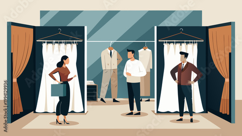 People shopping for clothes in fitting rooms