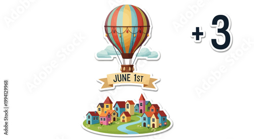 Colorful hot air balloon floating above a charming village on June 1st.