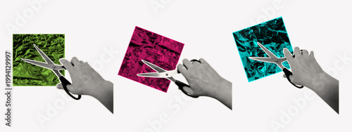A hand with scissors cuts out brightly textured squares from foil. Contemporary pop art style with halftone dots, vibrant colors. The hand holds sharp scissors. The process of hand collage, scrapbook.